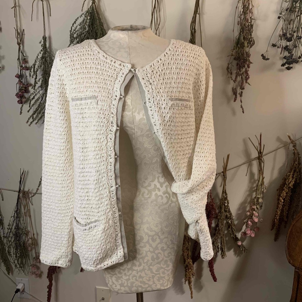 Pendleton White Knit Cardigan Cotton Linen Large Hook Eye Closure Crewneck